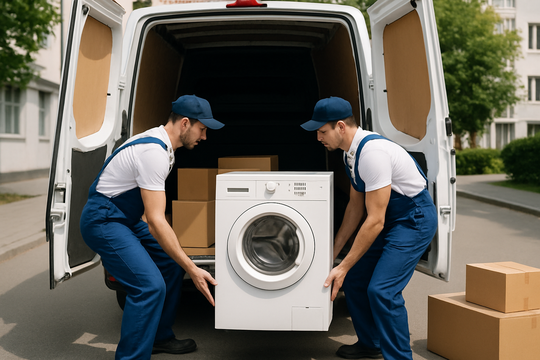 Beiladung Leipzig – Mover laden eine Waschmaschine und Kartons in den Sprinter